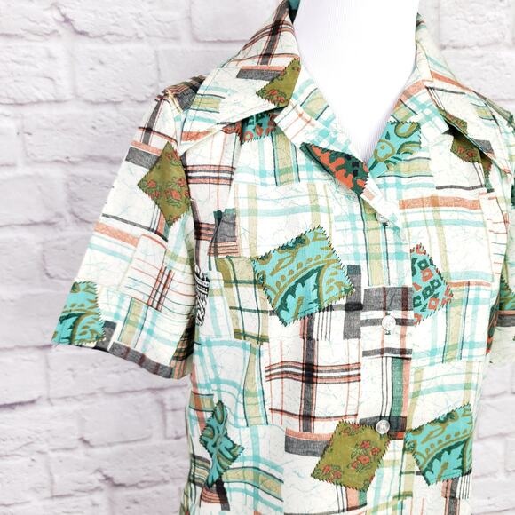 Vintage '70s Bradley Knitwear Green Plaid Patchwork Print Button Down Top Size M - Picture 14 of 16